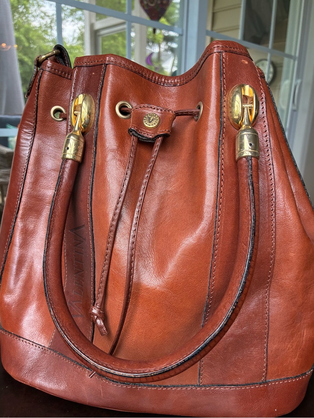 Valentino Made in Italy Cognac Brown Genuine Leather Tore Shoulder Bag